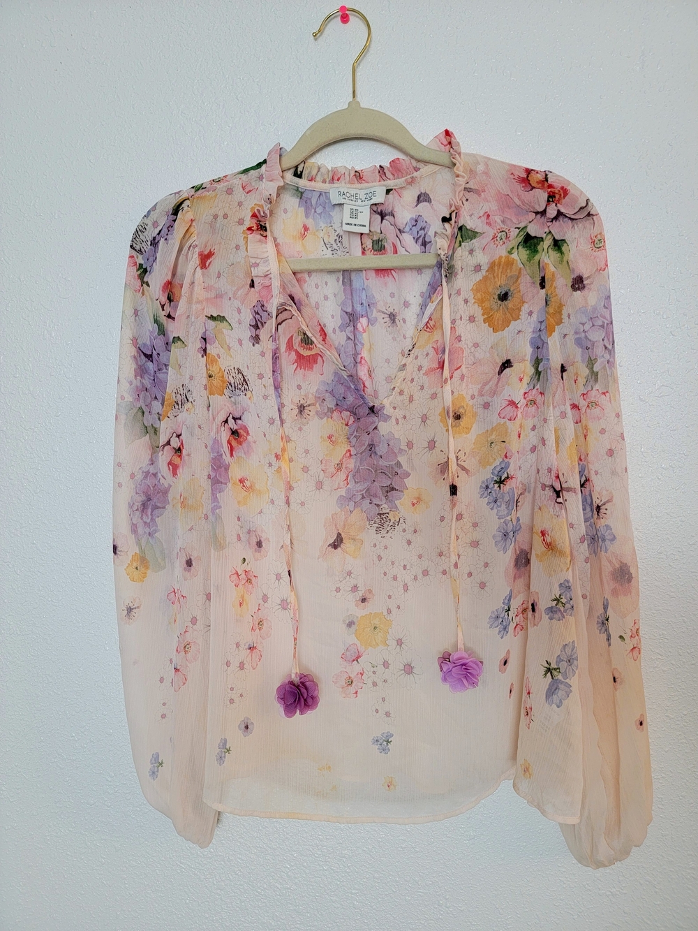 Rachel Zoe Pastel Floral Tie-Neck Sheer Blouse — Blush, Lavender, Yellow